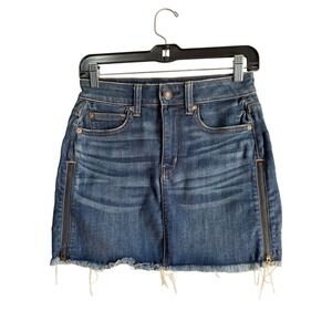 American Eagle Next Level Stretch Hi-Rise Mini Denim Skirt Side Zippers Blue 2